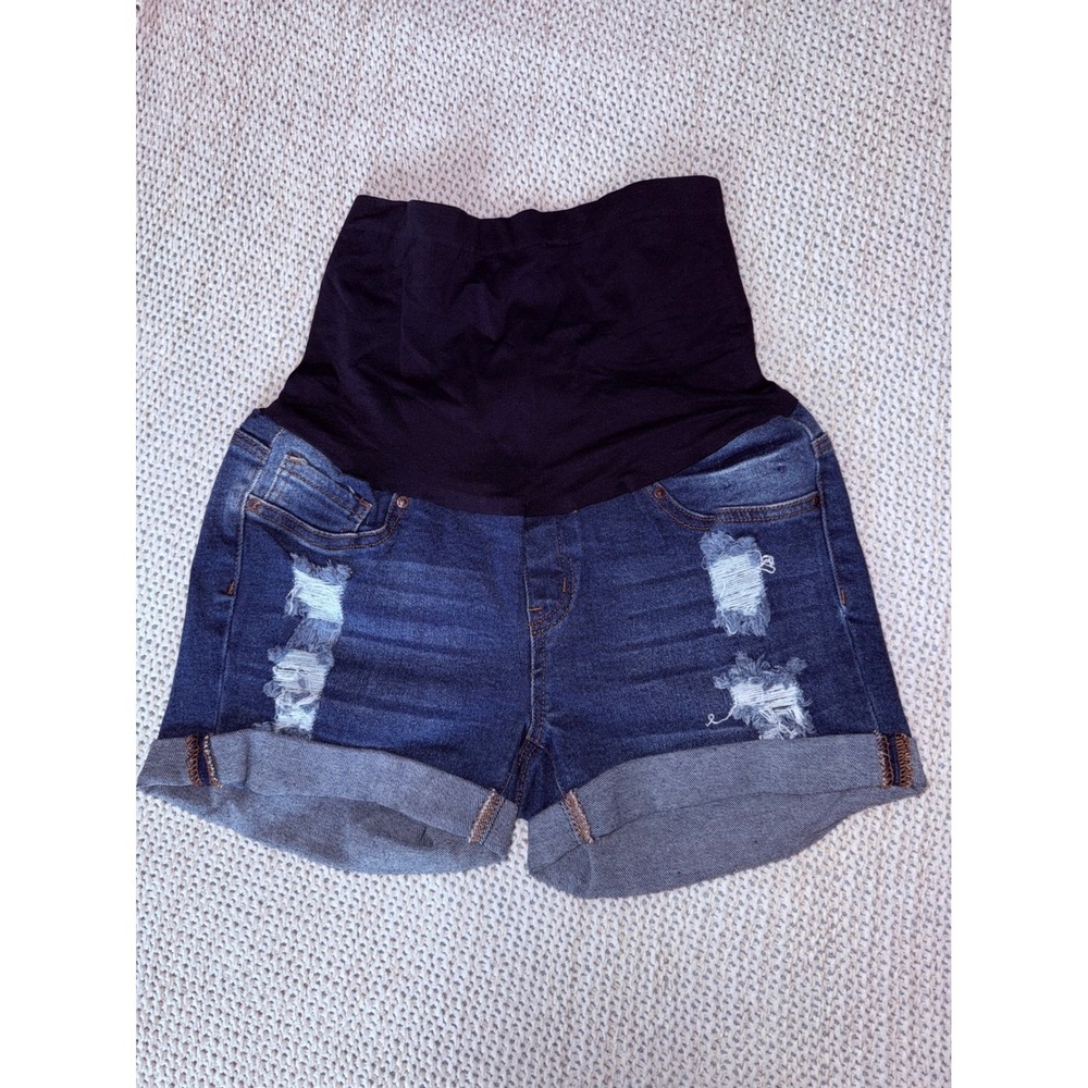 Blue Savvy Maternity Jean Shorts Medium Dark Wash Distressed Cuffed Belly Band